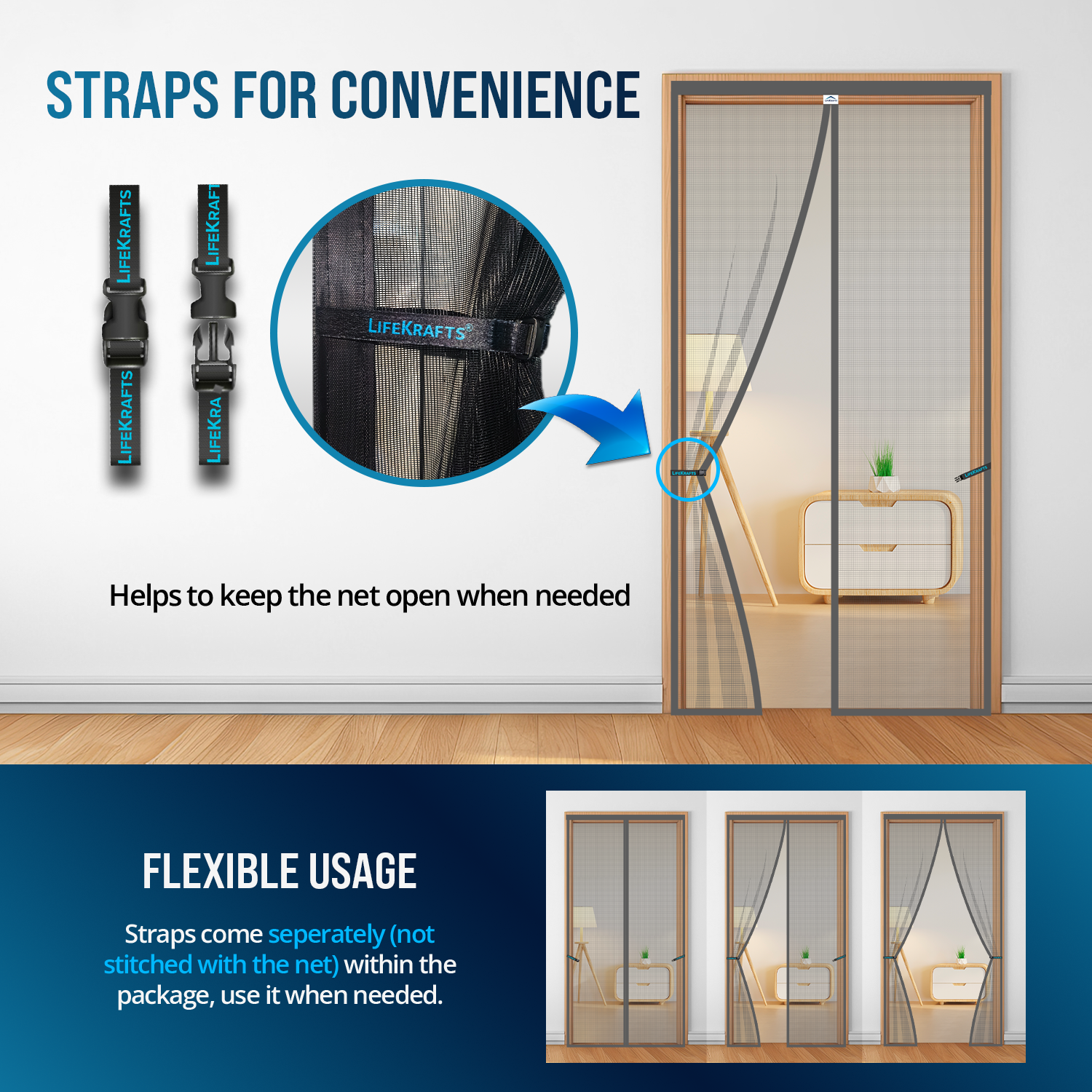 Convenience straps for keeping the magnetic fiberglass door mosquito net open when needed