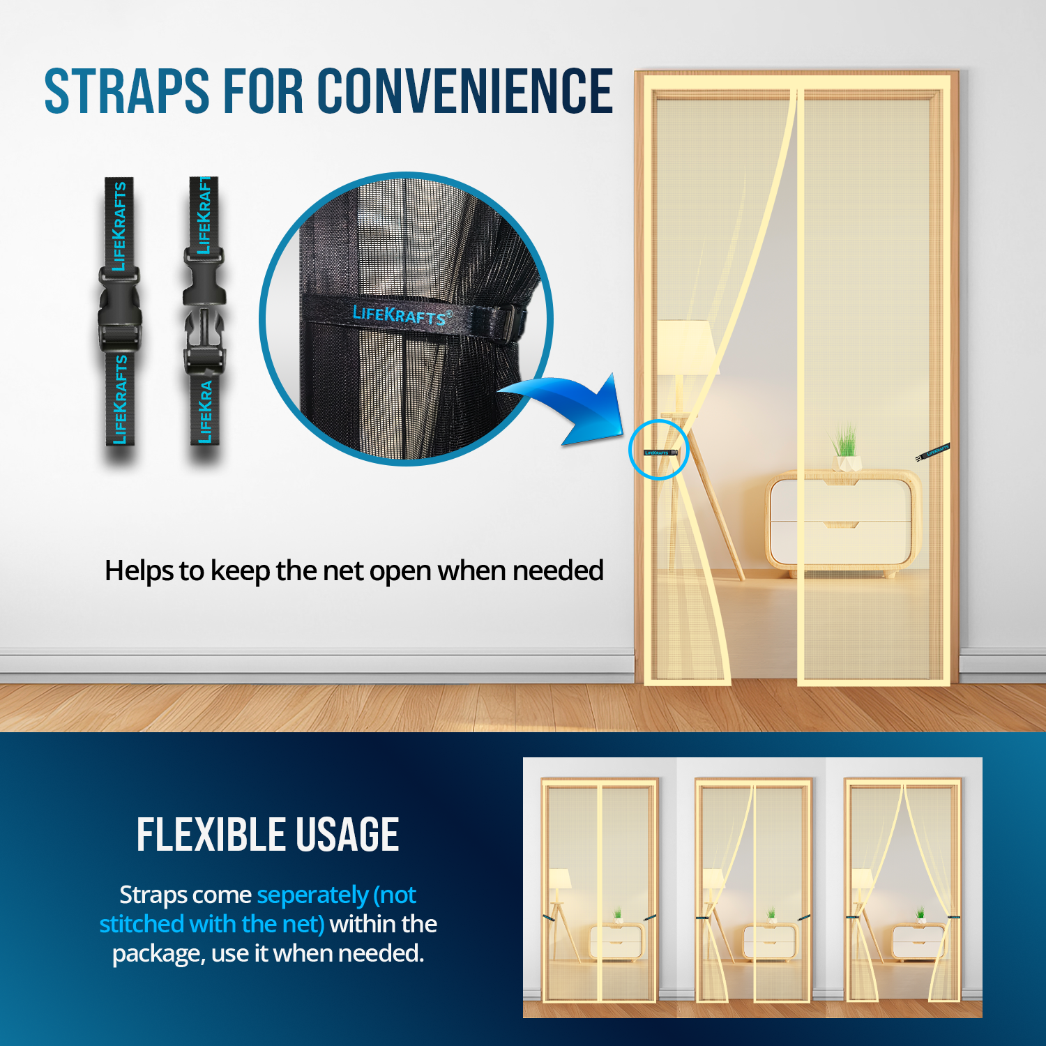 Mosquito net door with straps to hold open, flexible usage for convenience