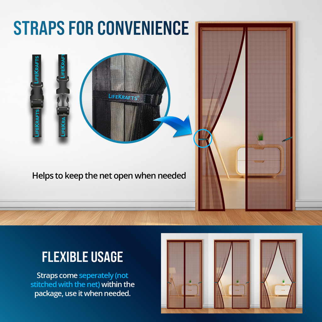 Convenience straps for holding LifeKrafts brown magnetic door mosquito net open when needed