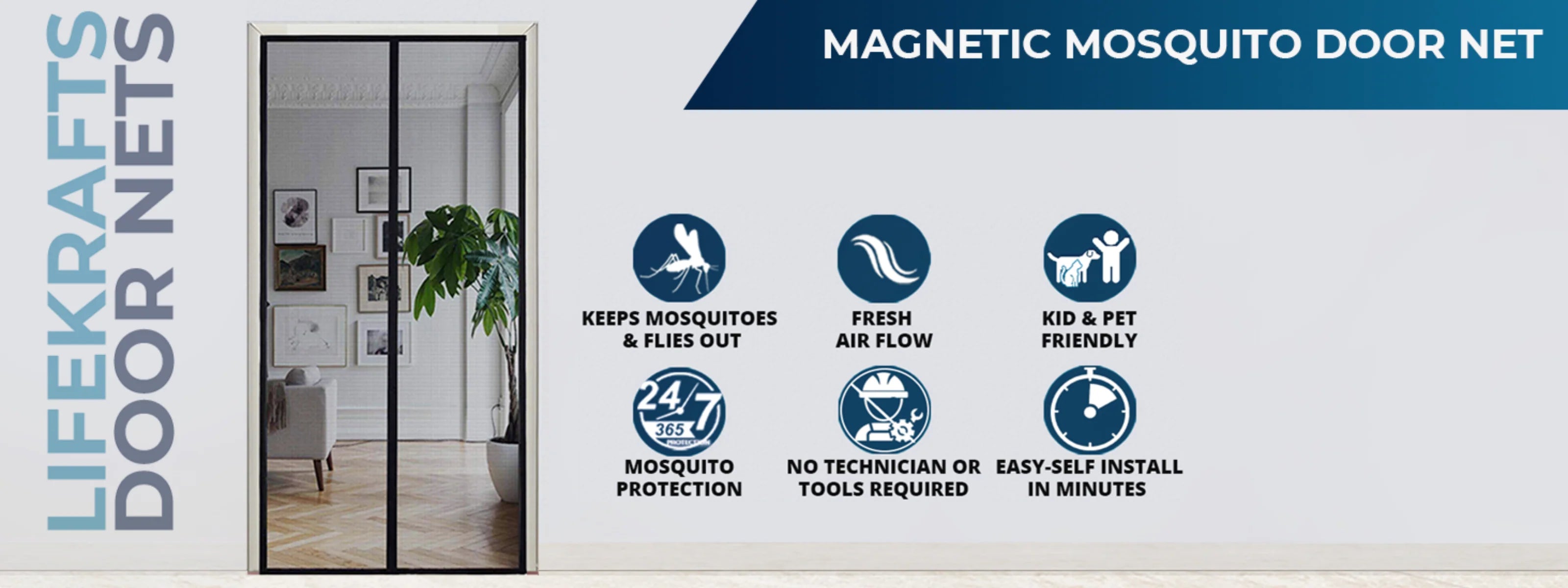 Magnetic mosquito door net with features listed on a white background
