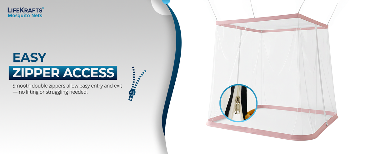 Mosquito Net for Bed - Hanging Bed Net - Polyester - Machardani - Double Zipper Entry - Elegant White with Peach Border
