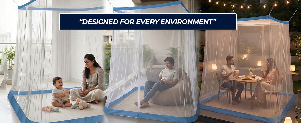 Mosquito Net for Bed | Hanging Net | Polyester | Machardani | Double Zipper Entry | Elegant White with Blue Border