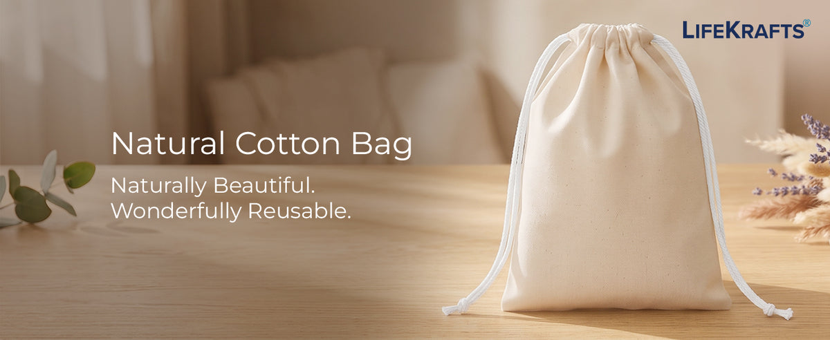 Natural Cotton Bags | Adjustable Drawstring Bags for Return Gift, Wedding, Diwali, Christmas, Rakhi | LifeKrafts