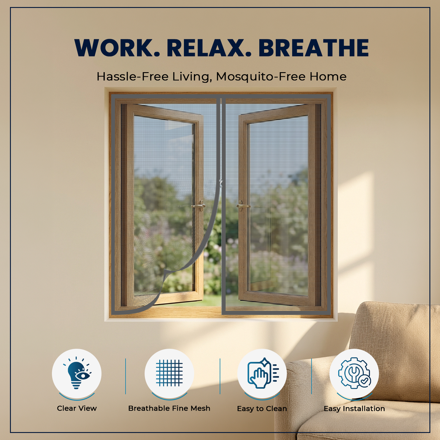 LifeKrafts Grey Window Mosquito Net Features – Premium Fiberglass Mesh, Anti-wrinkle Fabric, Convenient Zipper Opening, All-Season Mosquito & Insect Protection