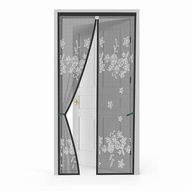 Polyester Printed  Magnetic Door Mosquito Net – Floral Jacquard Grey Design