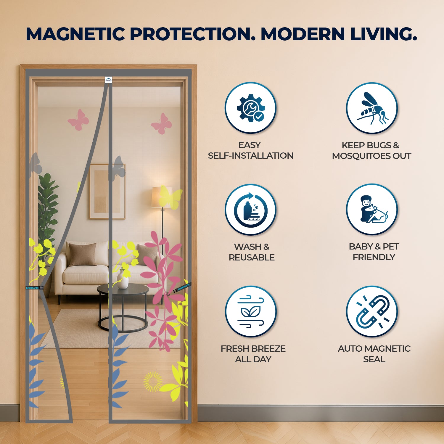 Mosquito Net for Door | Designer Polyester Net | Grey Floral | LifeKrafts