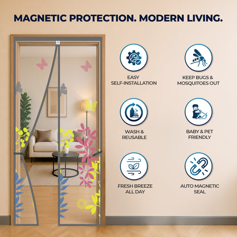 Standard Magnetic Mosquito Net For Door | Polyester | Grey Floral Design