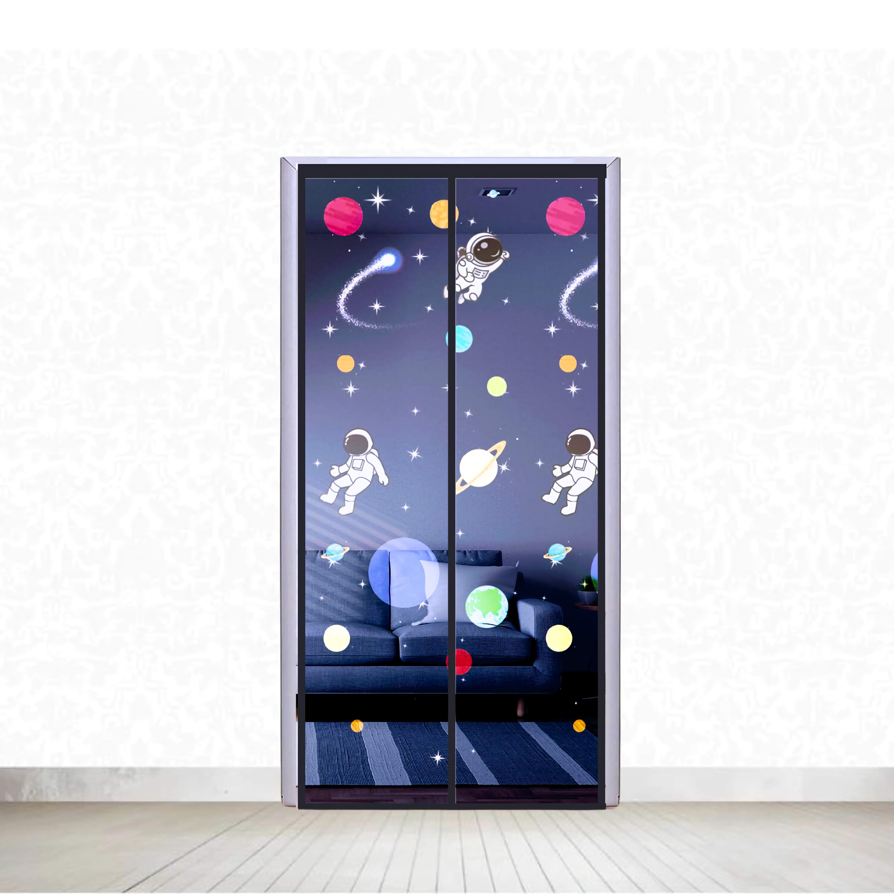 Polyester Door Mosquito Net with Magnets | Color Planet Theme with Dark Blue Background