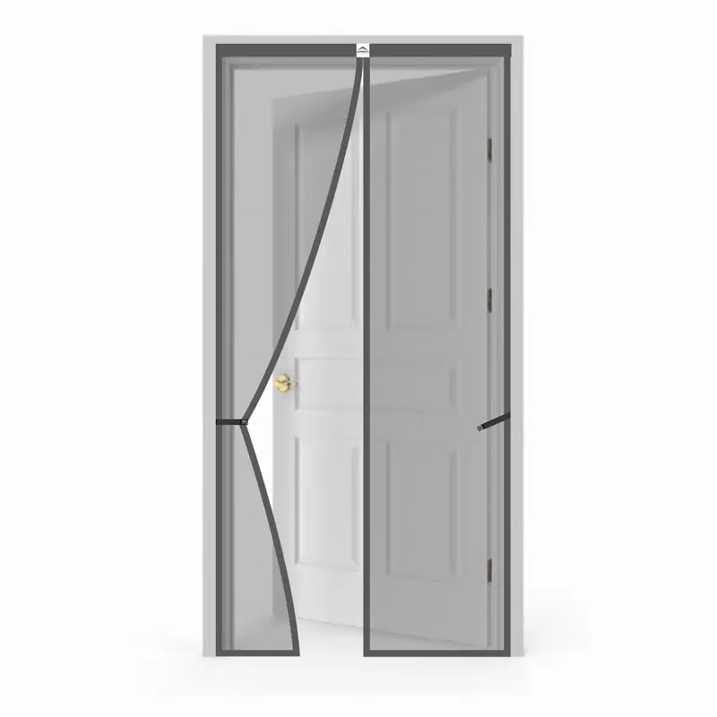 Black magnetic door mosquito net with self-closing mesh, fits standard door frames for pest protection