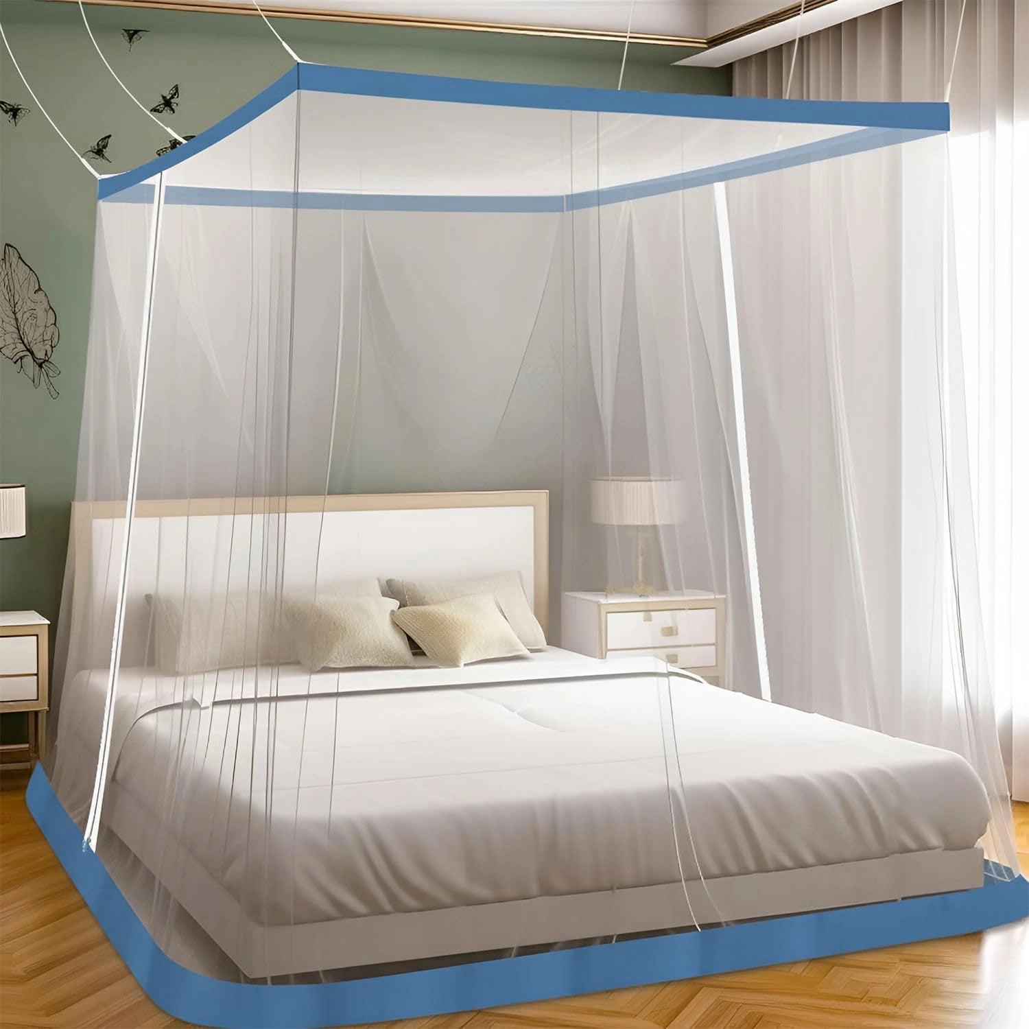 Mosquito Net for Bed | Hanging Net | Polyester | Machardani | Double Zipper Entry | Elegant White with Blue Border