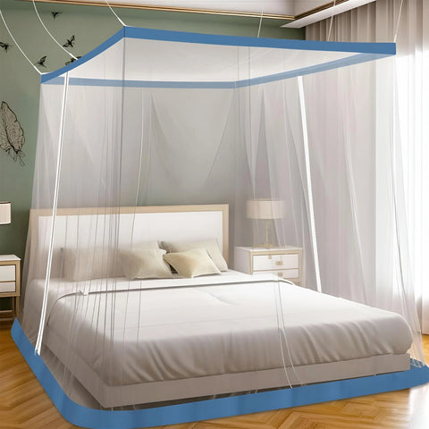 Mosquito Net for Bed | Hanging Net | Polyester | Machardani | Double Zipper Entry | Elegant White with Blue Border