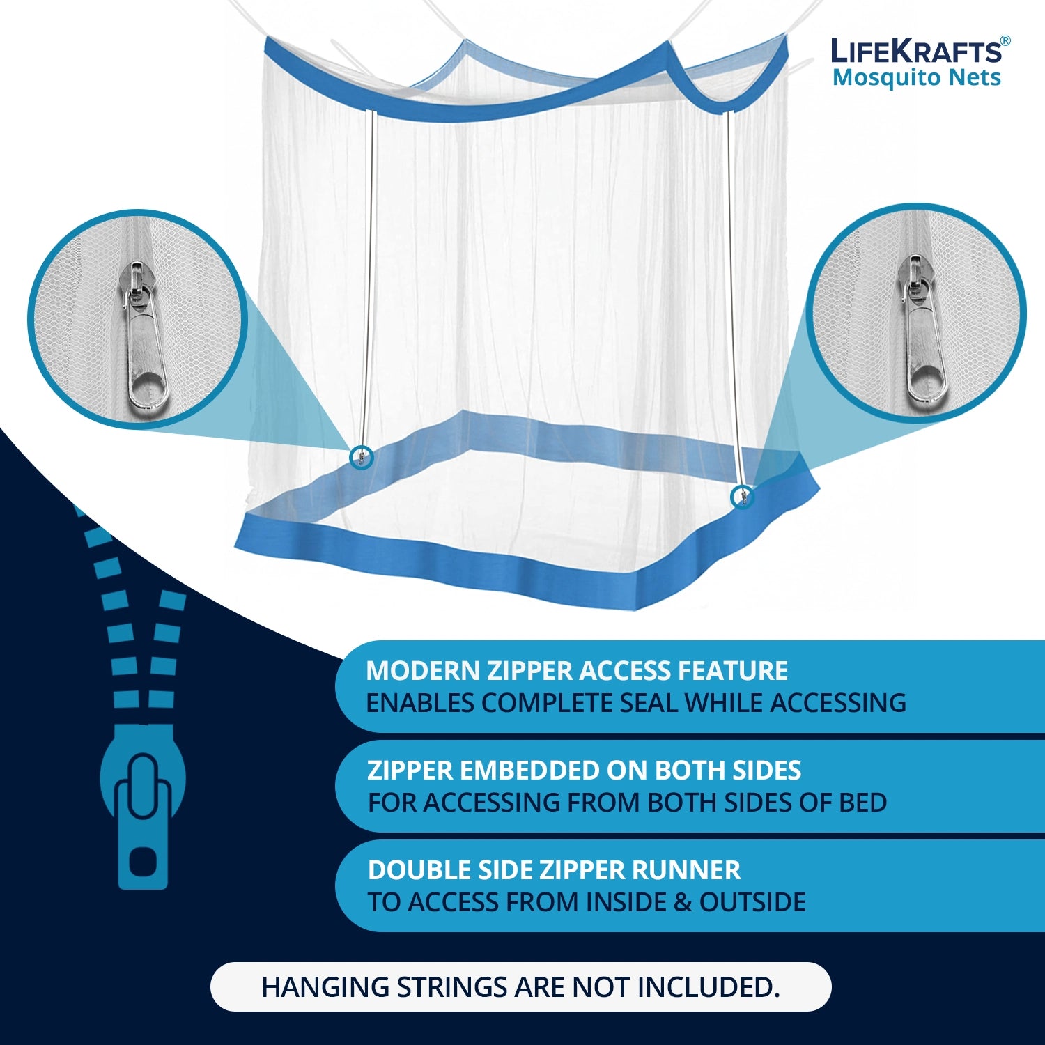 Mosquito Net for Bed | Hanging Net | Polyester | Machardani | Double Zipper Entry | Elegant White with Blue Border