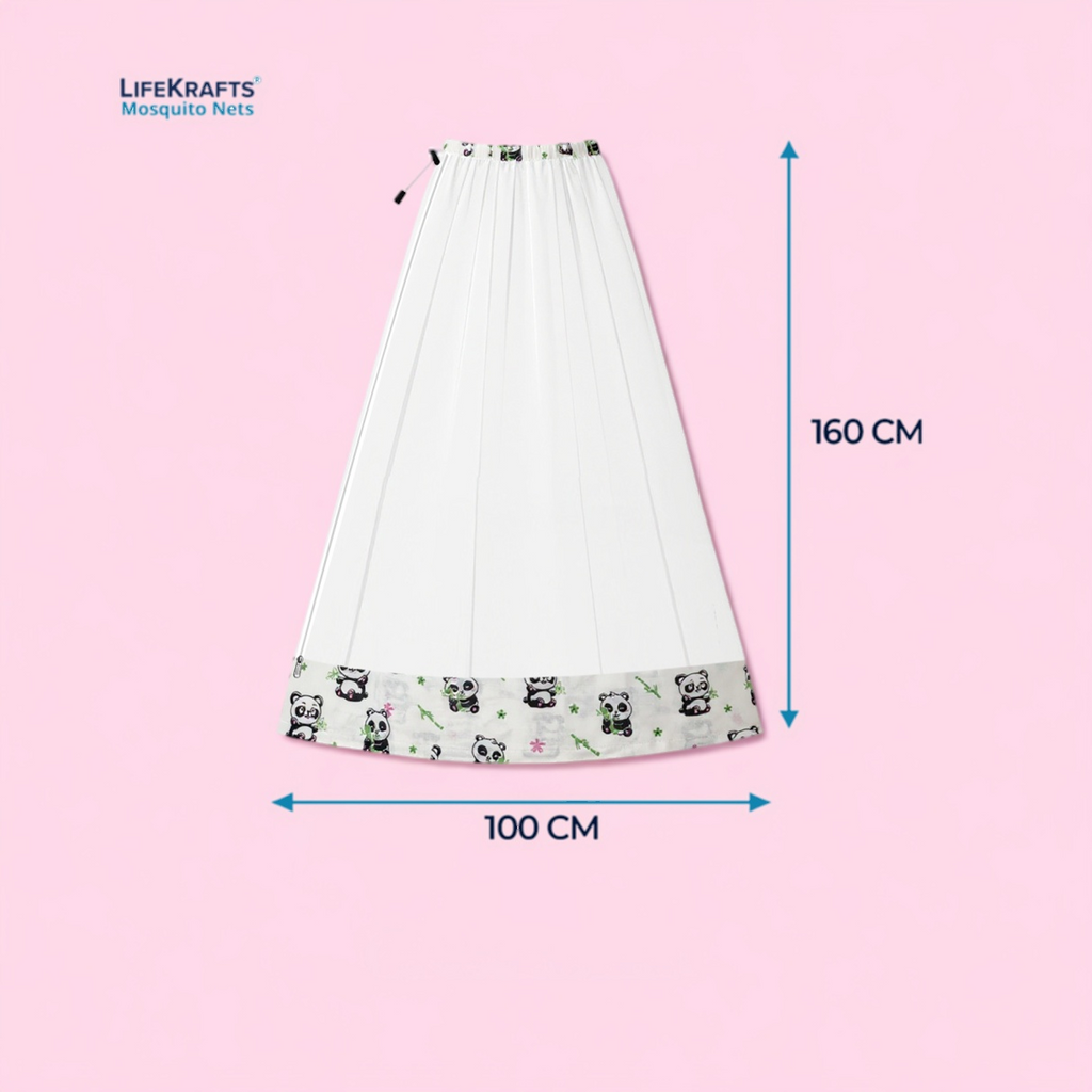 Mosquito Net for Baby Swing-Jhula | Side Zip Opening | Lightweight Polyester Mesh | Panda Print Border | 160cm x 100cm | White LifeKrafts