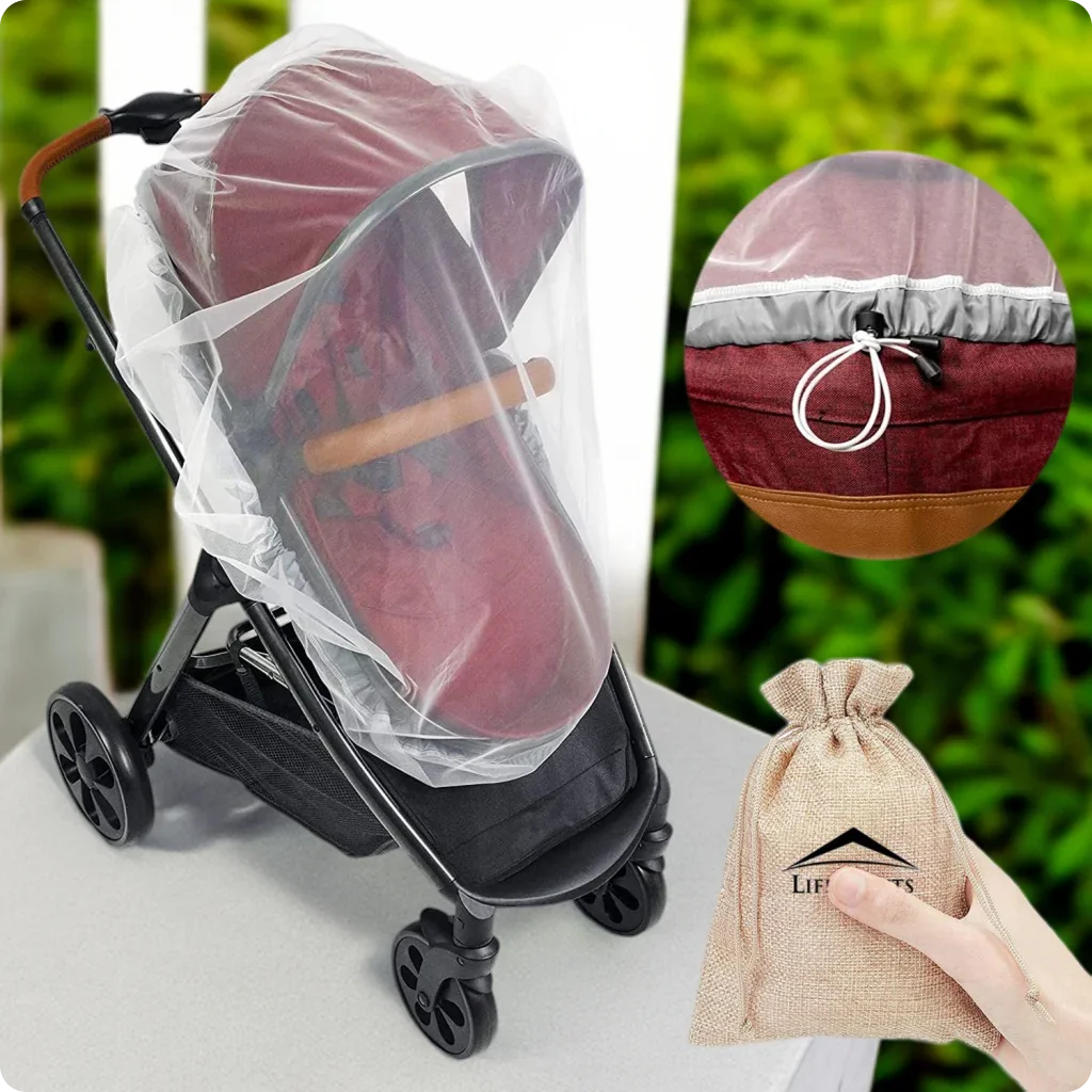 LifeKrafts white baby stroller mosquito net fitted over stroller with elastic closure and carry bag