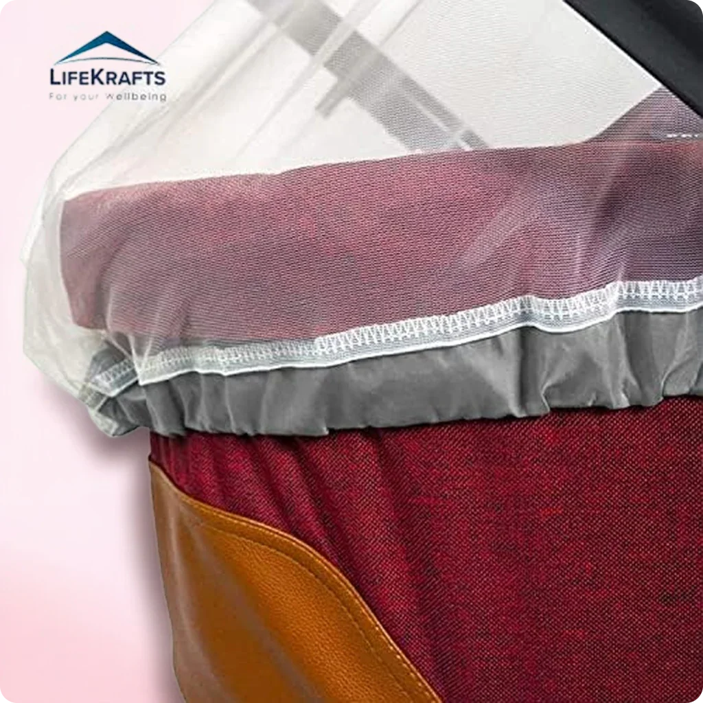 Close-up of LifeKrafts baby stroller mosquito net elastic edge fitted securely around stroller