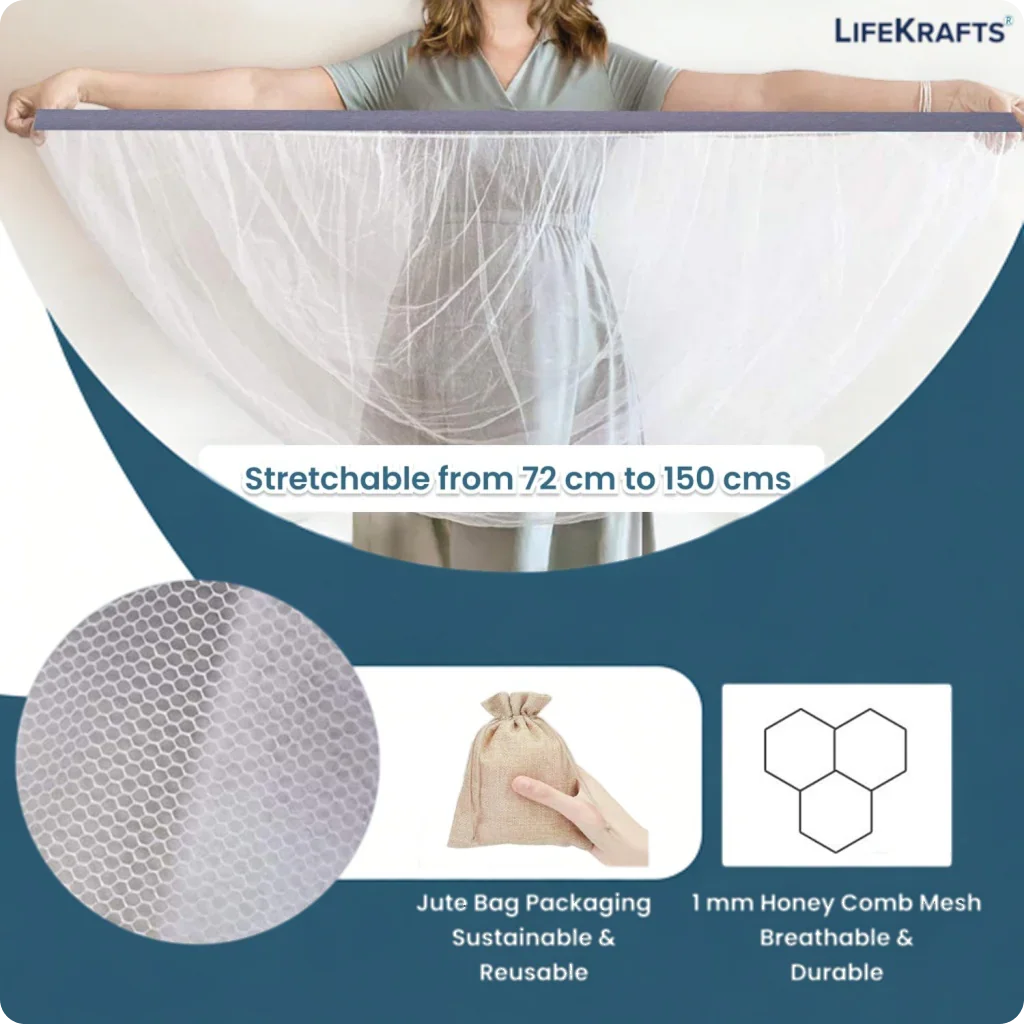 LifeKrafts baby stroller mosquito net with stretchable white honeycomb mesh and reusable jute carry bag