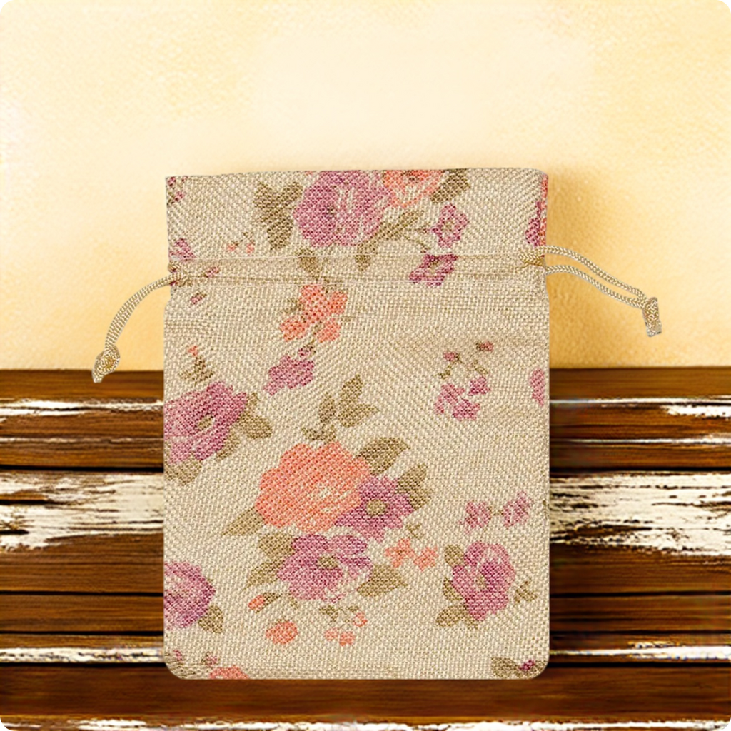 Reusable purple floral jute drawstring pouch for gifting and organising small items