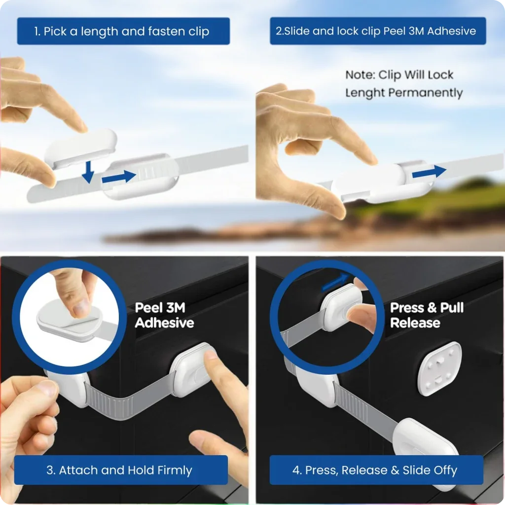 How to install LifeKrafts adhesive baby safety lock and use the press release mechanism