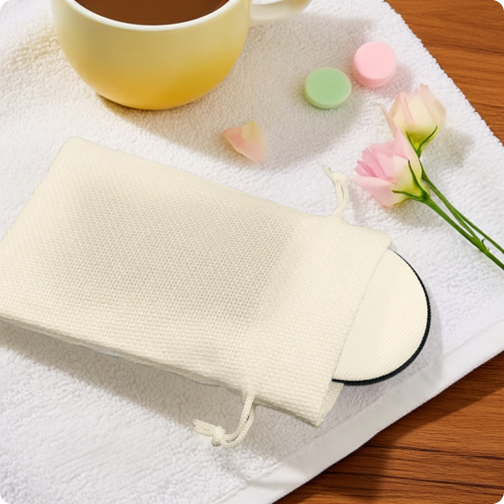 Cream white jute pouch used for storing small personal items and accessories