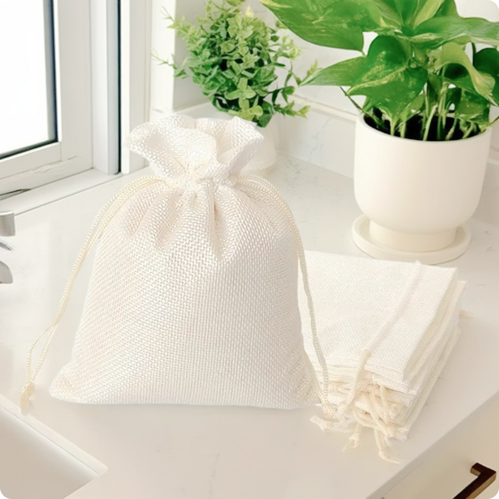 Reusable cream white jute linen drawstring pouch for gifting and multipurpose storage