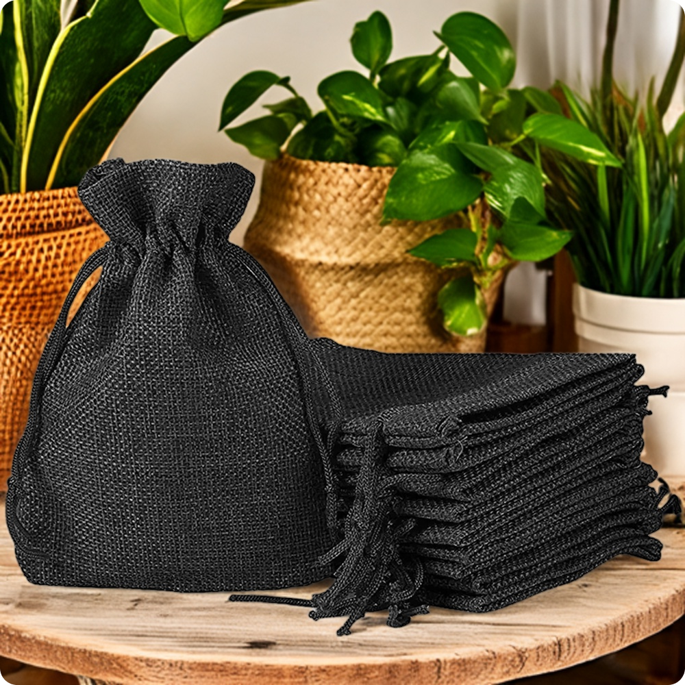 Black jute linen drawstring bag for gifts, jewellery and small accessories