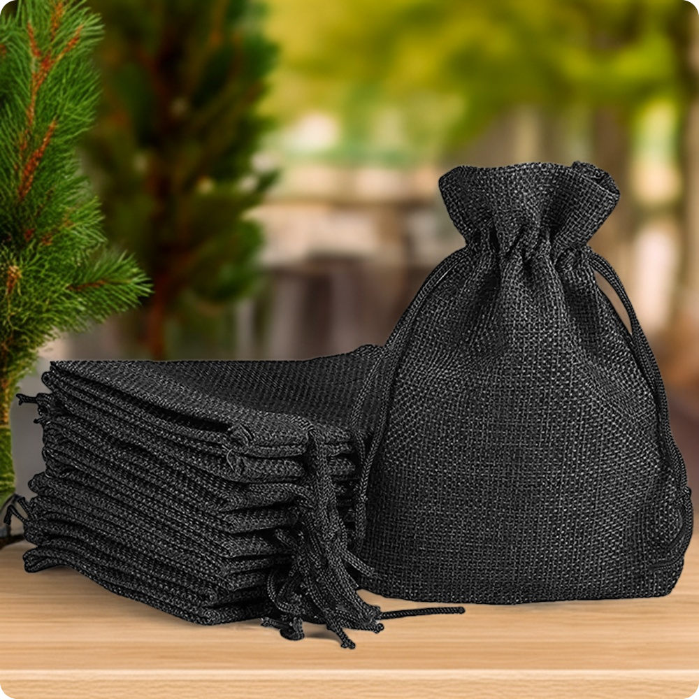Jute Linen Pouches for Functions, Baby Showers, Candy Bags - Black