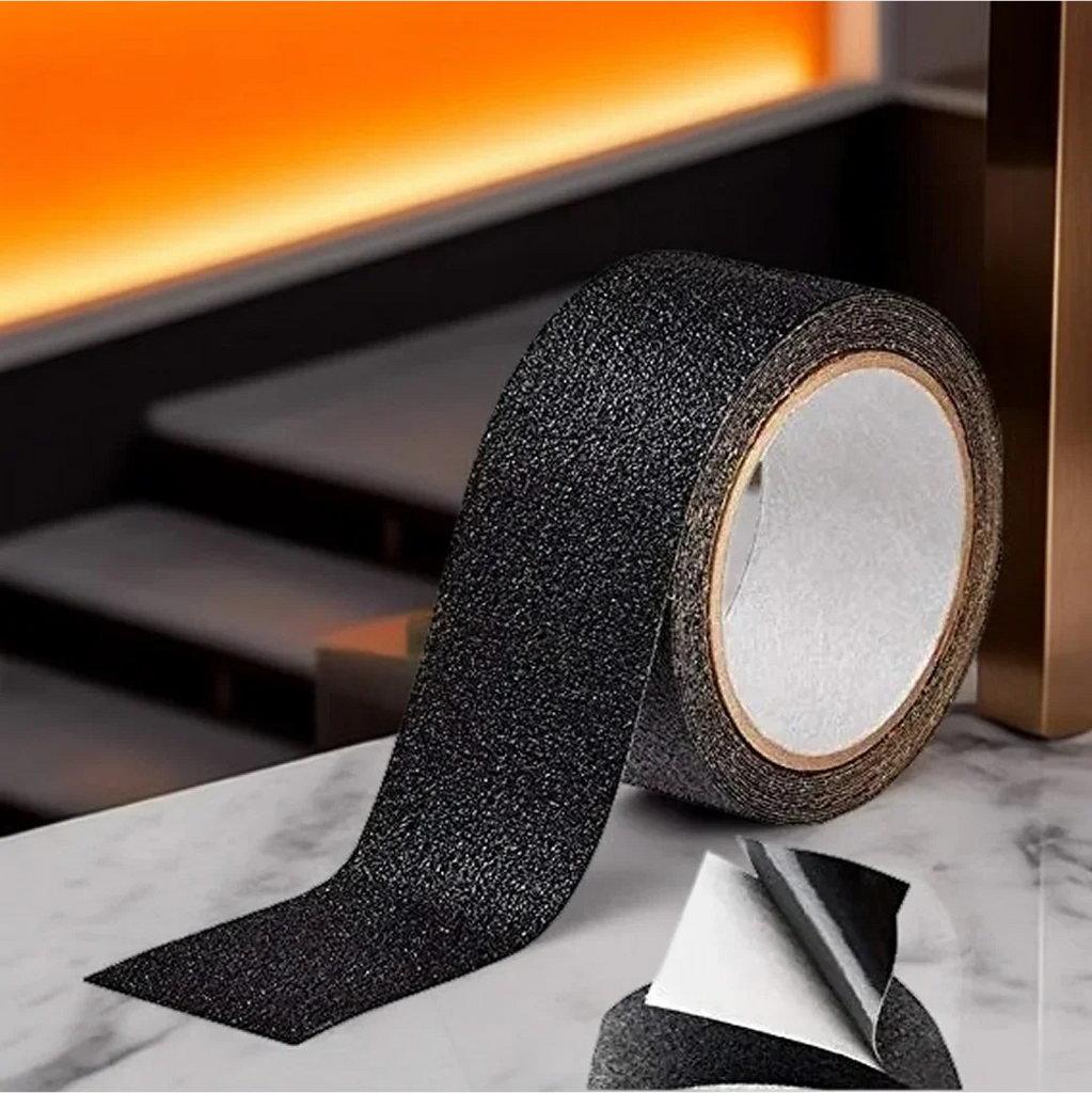 LifeKrafts black anti-skid tape roll showing peel-off adhesive backing and textured surface
