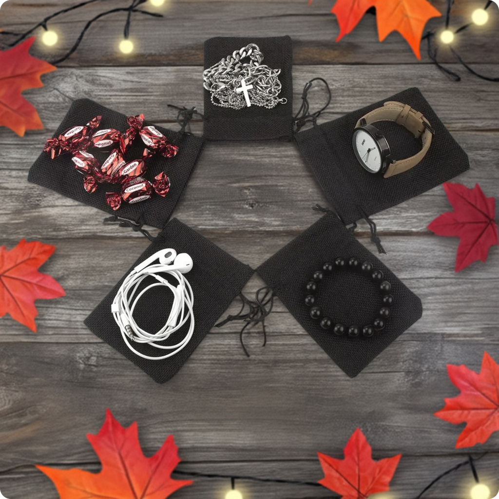 Black jute pouch with drawstring closure for return gifts and multipurpose storage