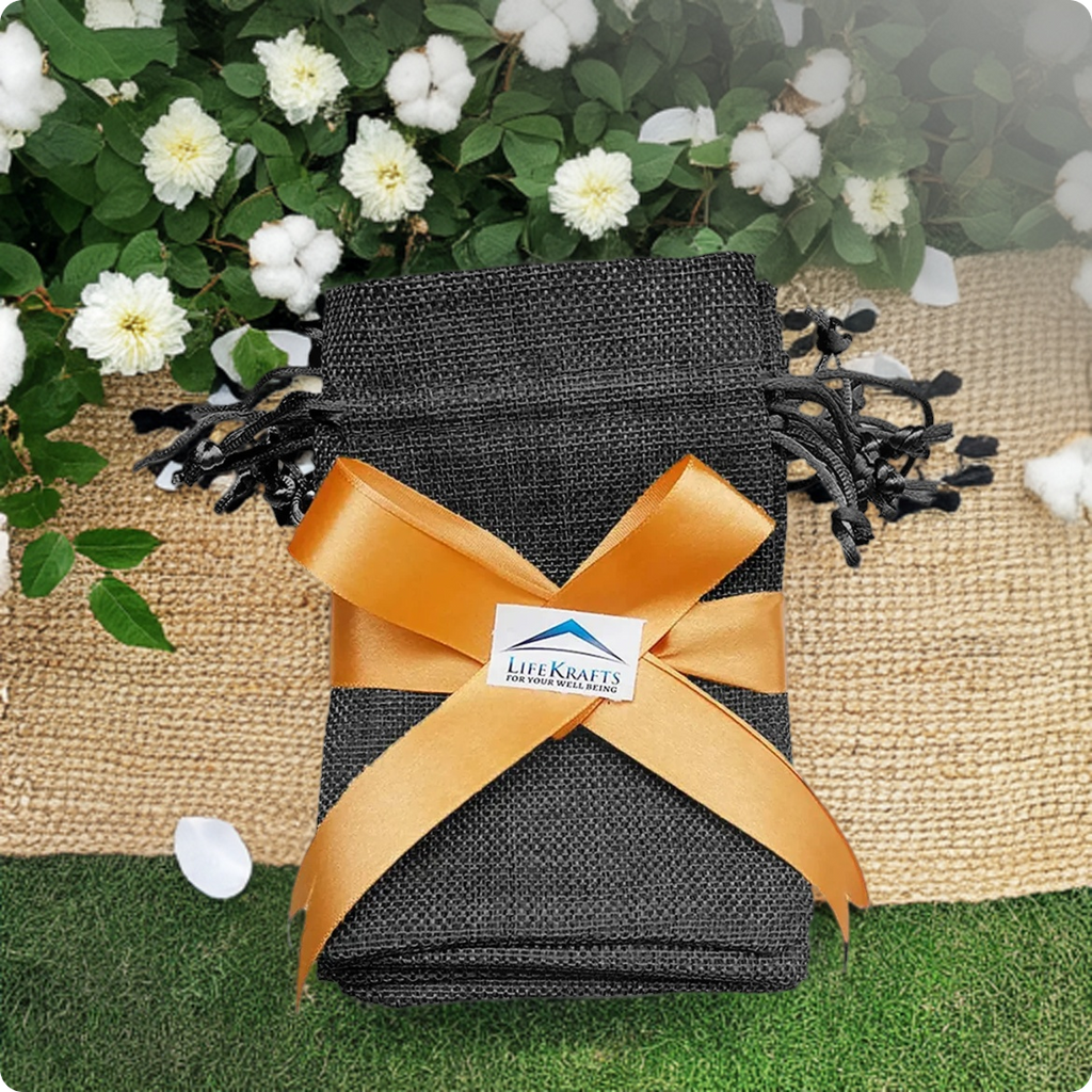 Reusable black jute drawstring pouch for gifting and organising small items