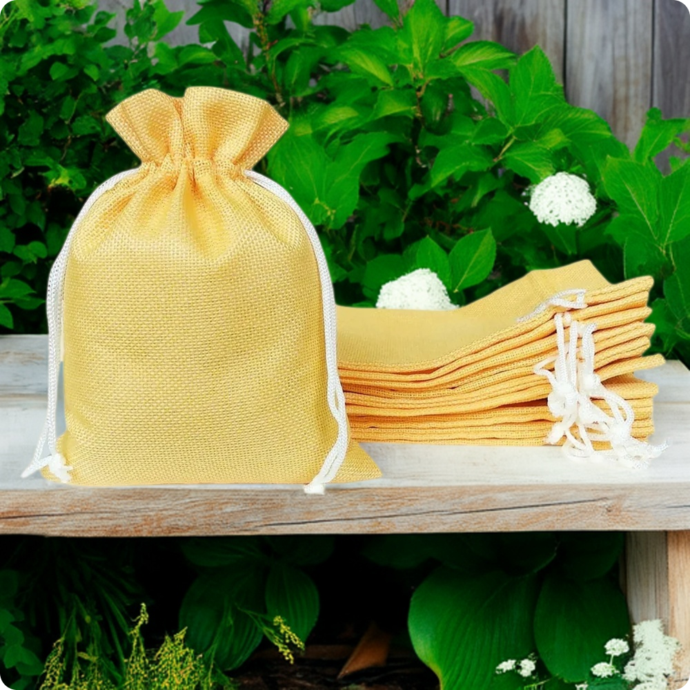 Jute Linen Pouches with White Drawstring, Birthday Favor Bags - Yellow