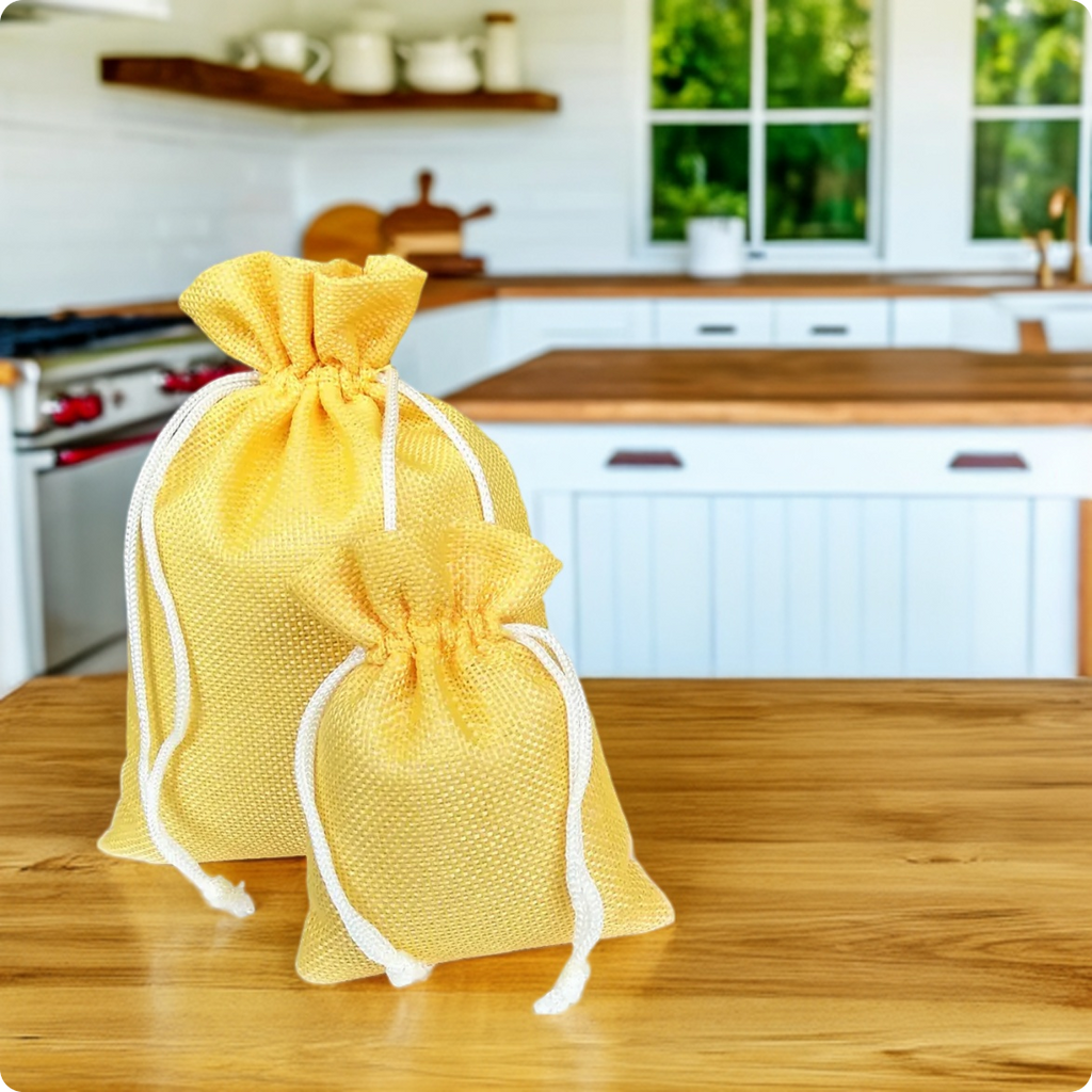 Yellow jute linen pouch with drawstring closure for return gifts and event favours