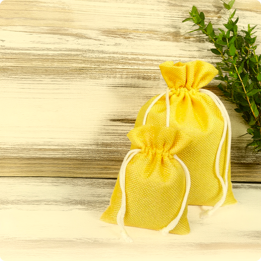 Reusable yellow jute drawstring bag for jewellery, accessories and small gifts