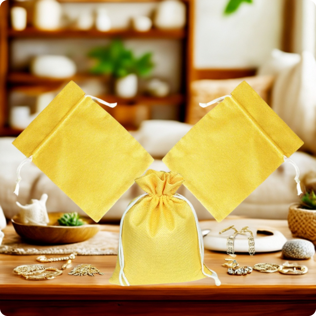 Yellow jute gift pouch with adjustable drawstring for multipurpose storage and gifting