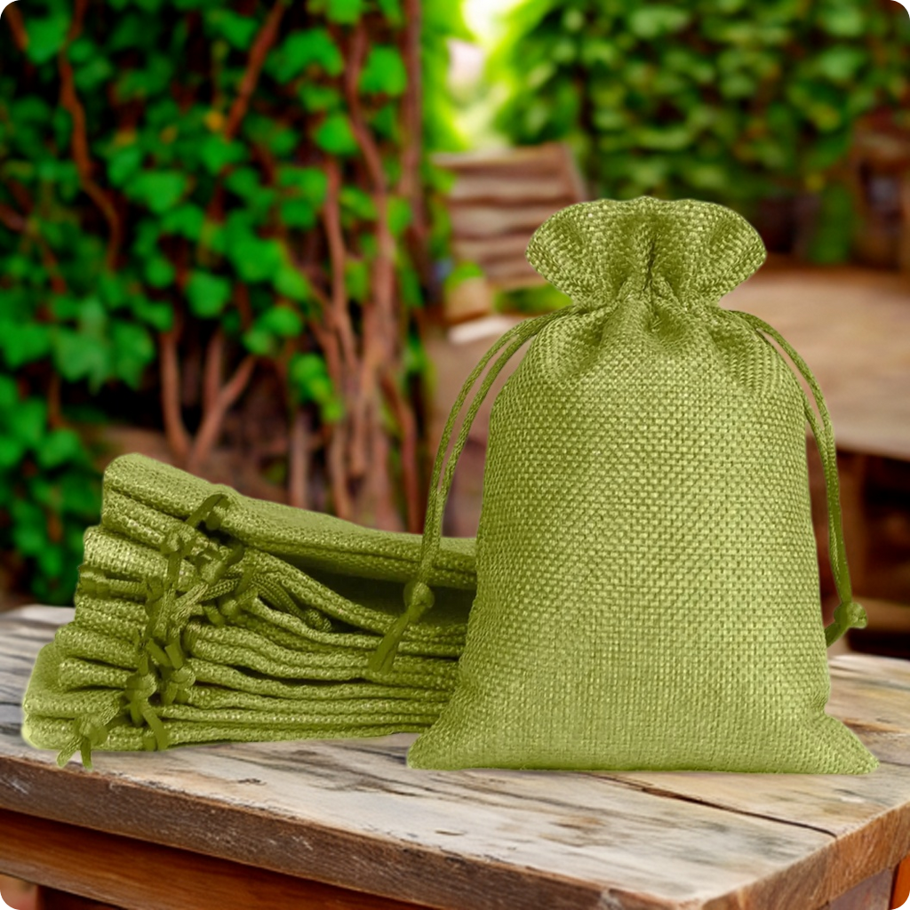 Green jute linen drawstring bag for gifts, jewellery and small accessories