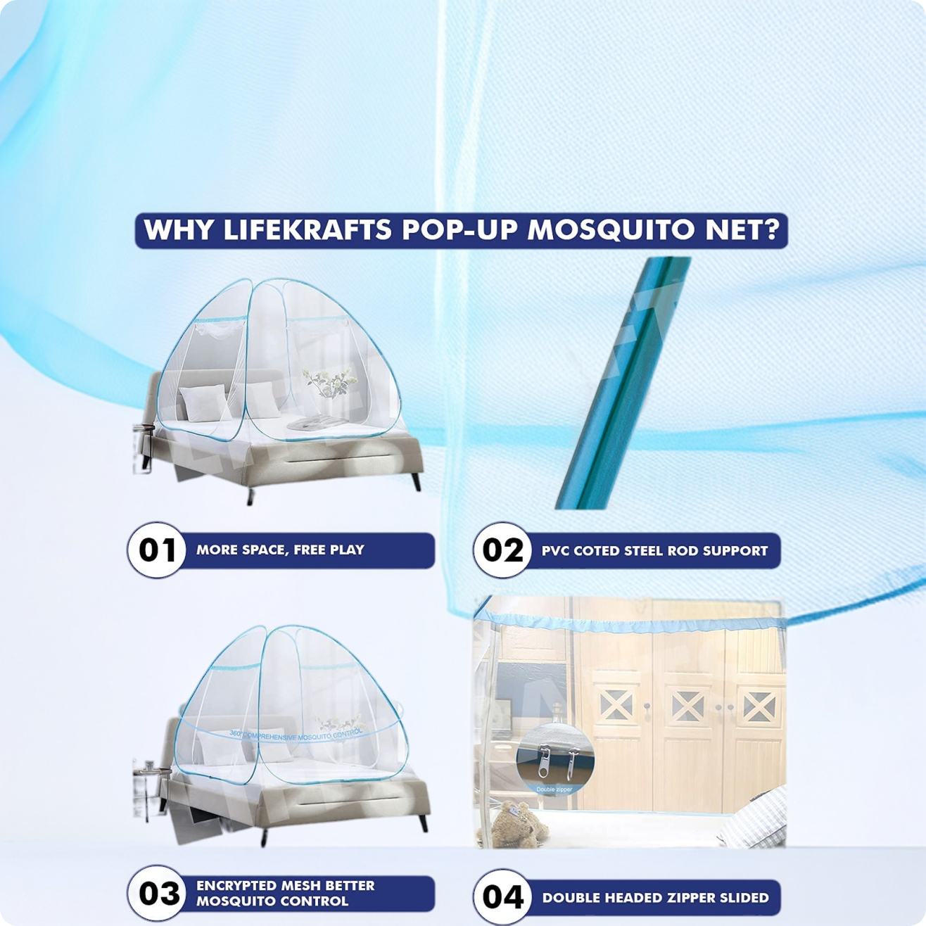Foldable Bed Mosquito Net (200 * 170 * 145cm)30GSM - White