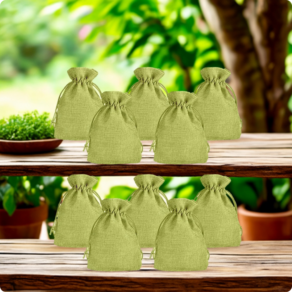 Reusable green jute drawstring pouch for gifting and organising small items