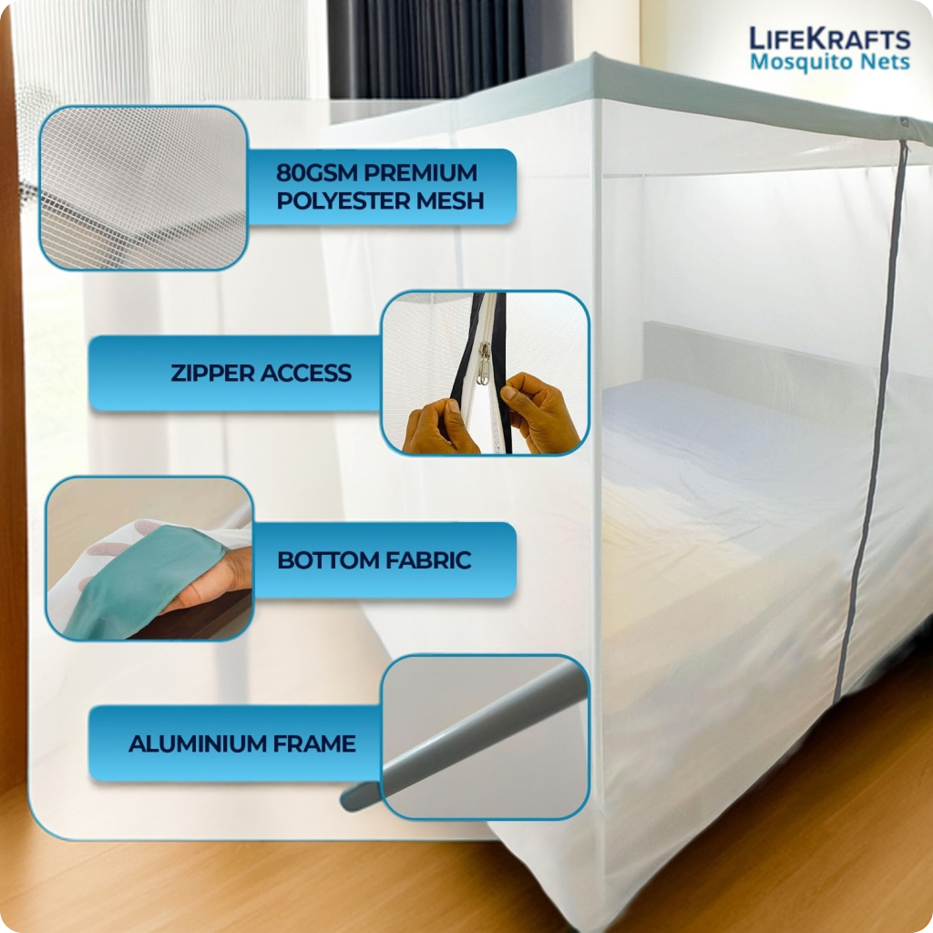Mosquito Net for Bed | Polycotton | Two-Way Zipper with Stand and Attachable Frame | LifeKrafts Mosquito Net for Bed LifeKrafts