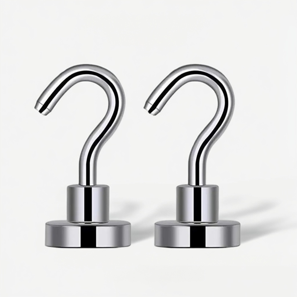 Pair of silver magnetic hooks with curved hooks and round magnetic bases
