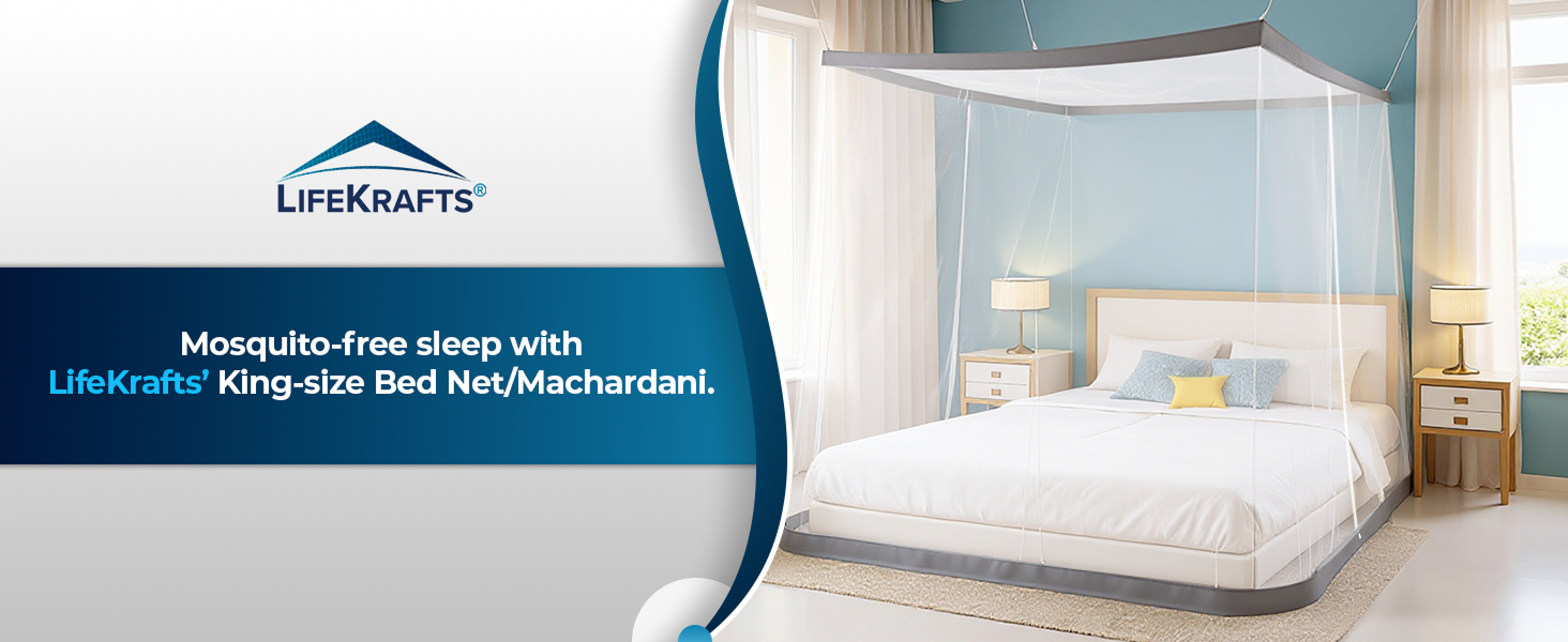 LifeKrafts king-size bed net with a bedroom setting and brand logo.