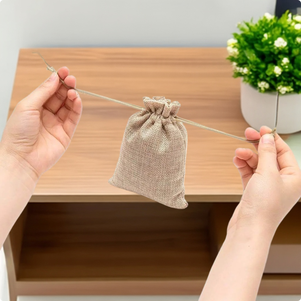 Brown jute linen pouch with adjustable drawstring closure for gifts and return favours