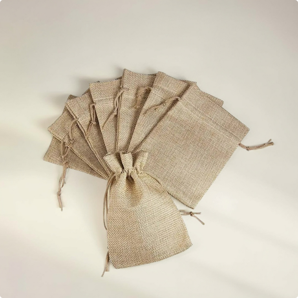 Brown jute drawstring pouch for storing jewellery, accessories and small personal items
