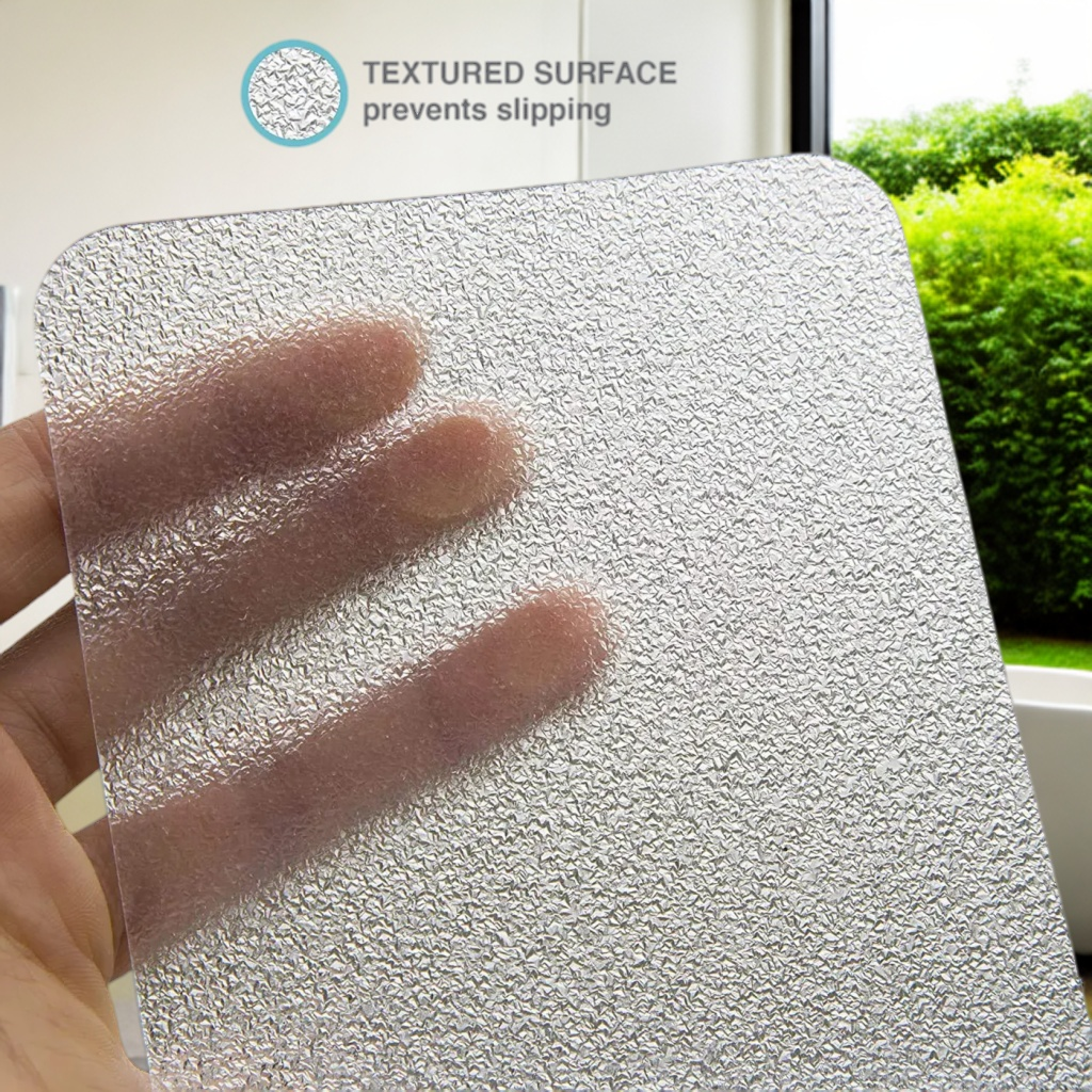 Close-up of transparent PEVA anti-slip strip showing textured non-slip surface