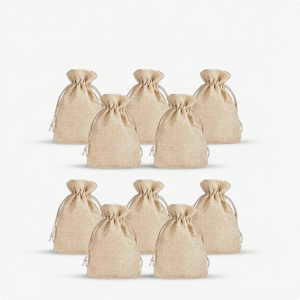 Brown jute linen gift pouch with drawstring closure for chocolates and small gifts
