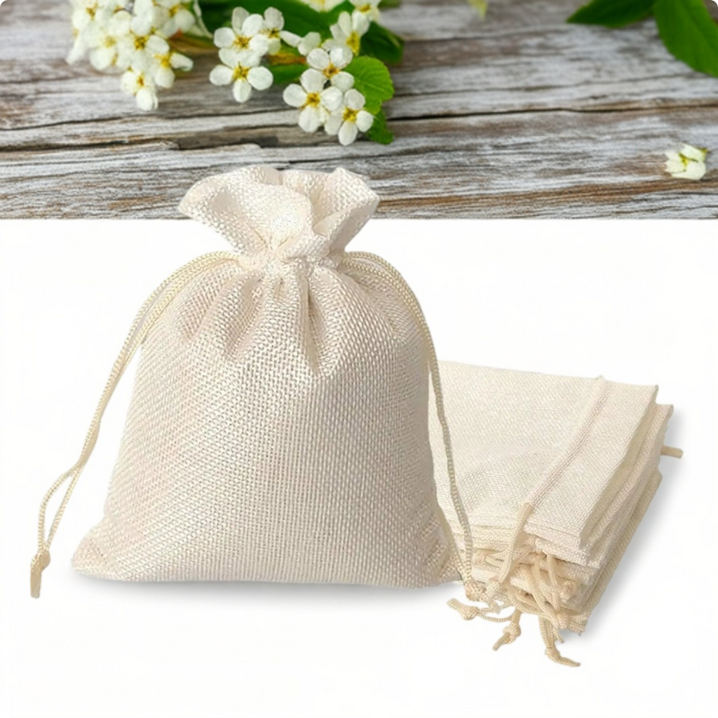 Cream white jute linen pouch with adjustable drawstring closure for gifts and return favours