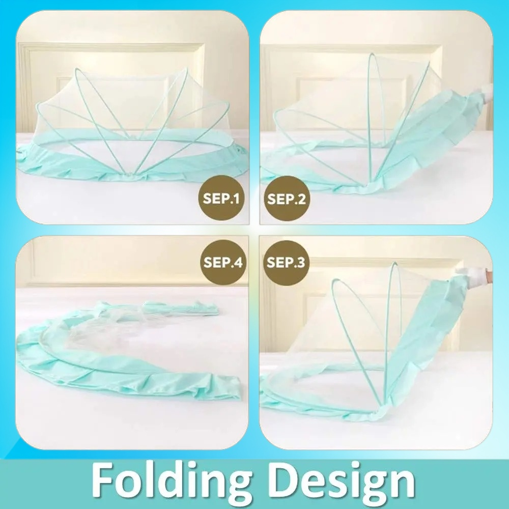 Step-by-step folding guide for LifeKrafts Ocean Green foldable baby mosquito net