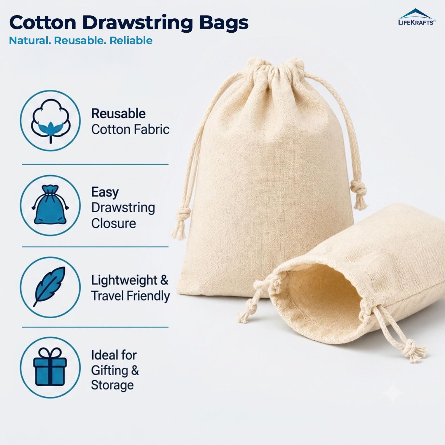 Natural Cotton Bags | Adjustable Drawstring Bags for Return Gift, Wedding, Diwali, Christmas, Rakhi | LifeKrafts