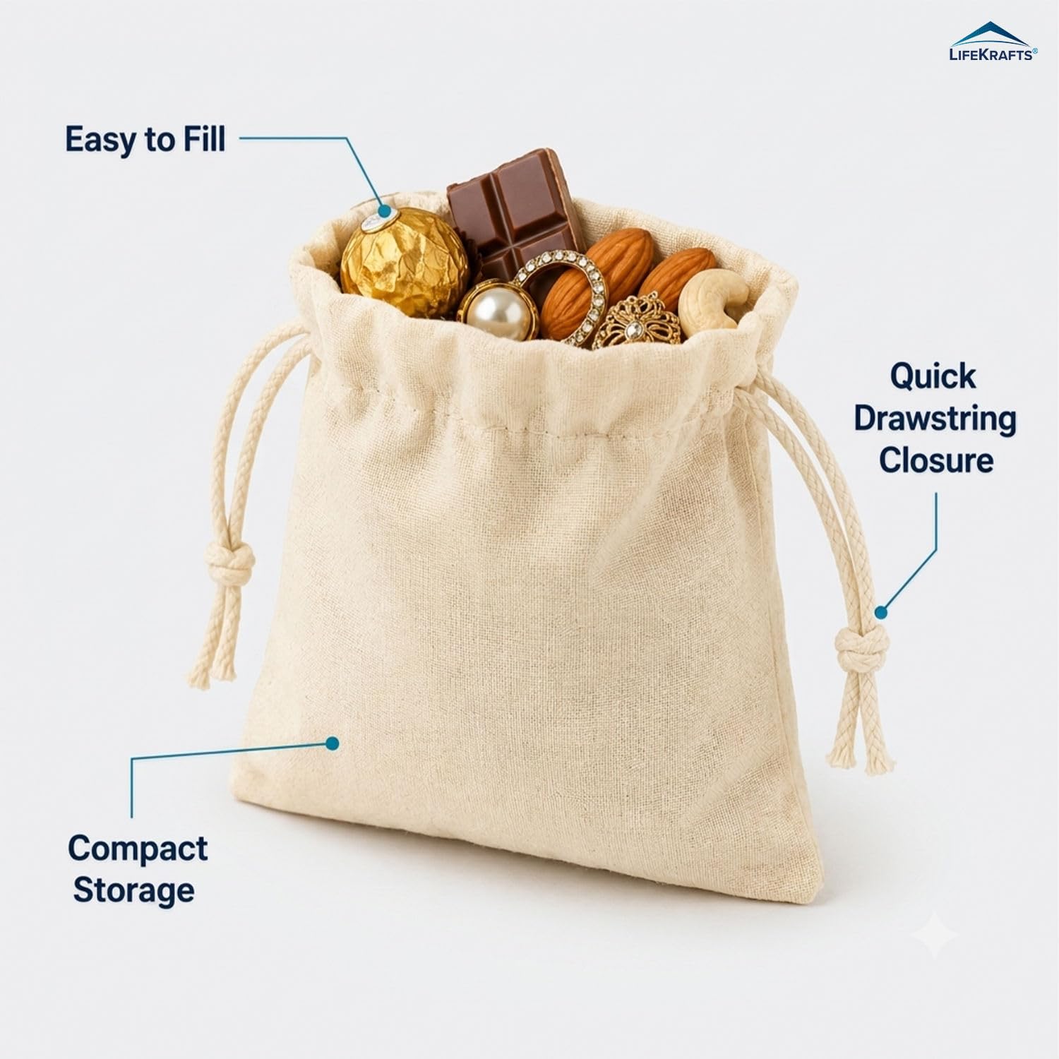 Natural Cotton Bags | Adjustable Drawstring Bags for Return Gift, Wedding, Diwali, Christmas, Rakhi | LifeKrafts