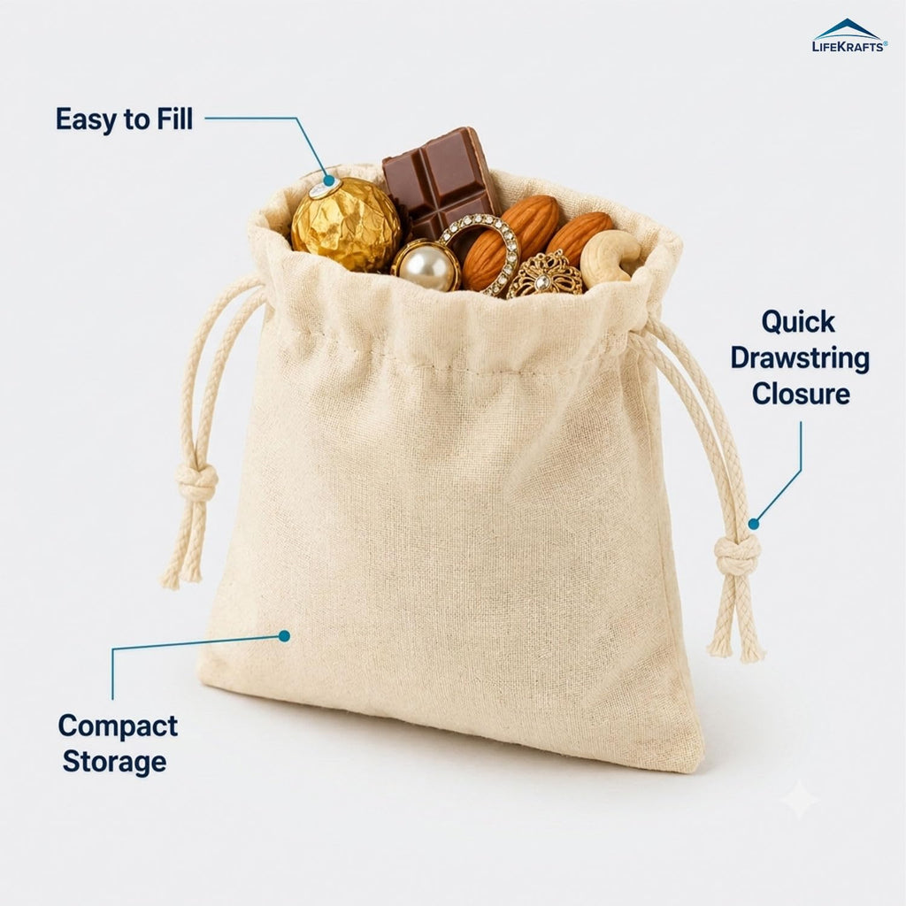Natural Cotton Bags | Adjustable Drawstring Bags for Return Gift, Wedding, Diwali, Christmas, Rakhi | LifeKrafts
