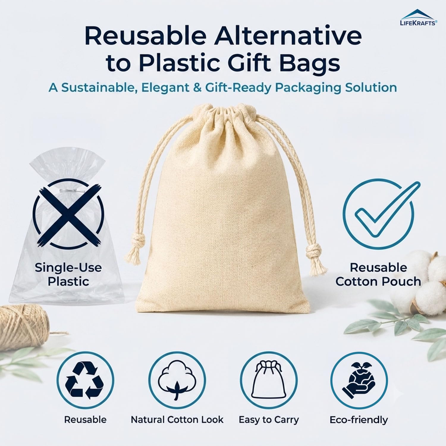 Natural Cotton Bags | Adjustable Drawstring Bags for Return Gift, Wedding, Diwali, Christmas, Rakhi | LifeKrafts