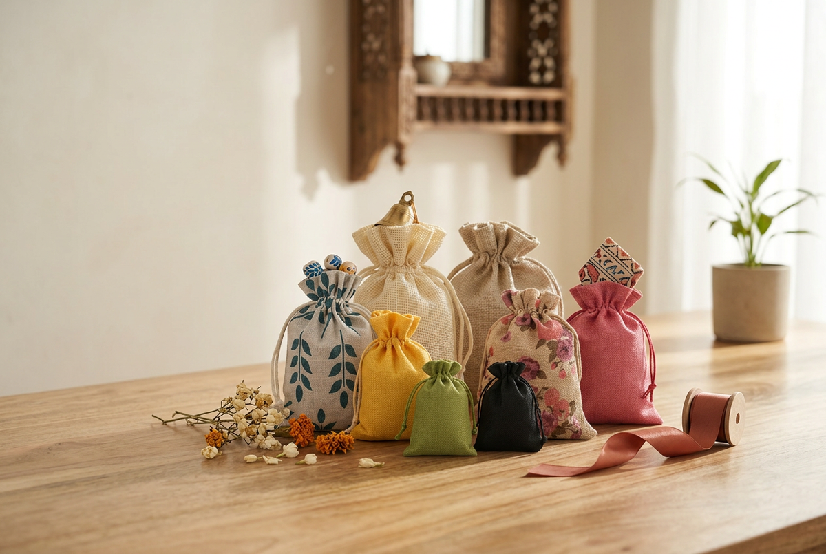 Colourful jute drawstring pouches on a wooden table with a ribbon and dried flowers